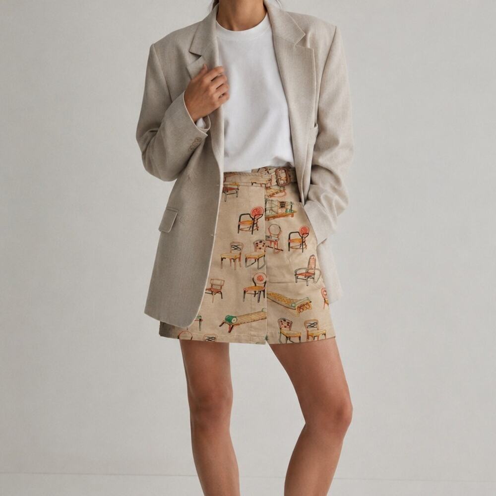 Anthropologie Postmark Beige Cotton Chairs Canvas A-line Wrap Mini Skirt, size 2